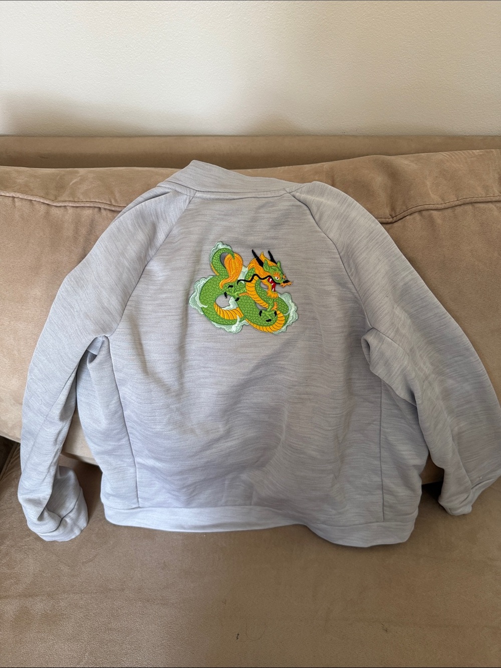 Light Gray Zip-Up Bomber Jacket w/Dragon Appliqué on Back
